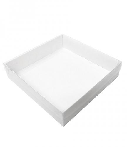 Коробка квадратная самосборная белая с прозрачной пластиковой крышкой, размер 20*20*5 см.