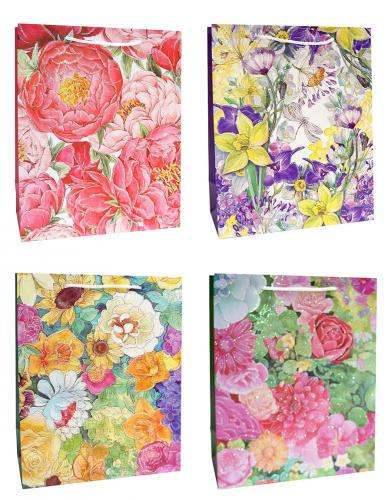 Бумажные подарочные пакеты с перламутровыми блёстками, серия "Цветочный орнамент", размер 30*40*12 см.