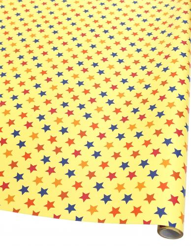 Подарочная дизайнерская бумага в листах 70см х 100см с рисунком "цветные звёзды на жёлтом фоне".