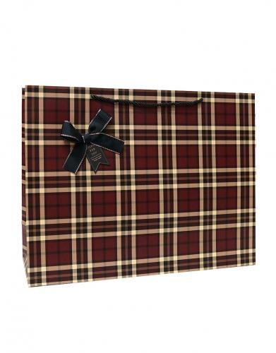 Бумажные подарочные горизонтальные пакеты-сумки бордового цвета с рисунком и бантом, серия "Клетка с бантом", размер 42*33*15 см.