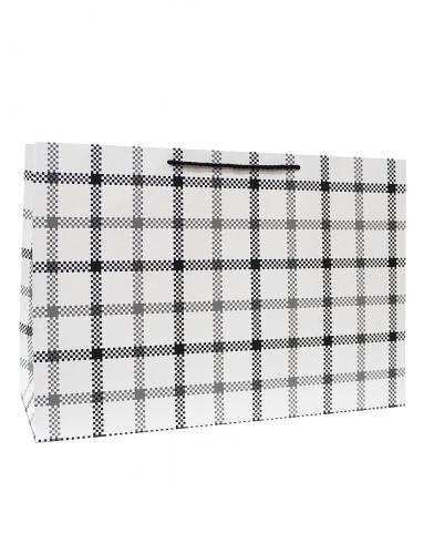 Большие бумажные горизонтальные подарочные пакеты-сумки белого цвета с рисунком, серия "Чёрно-белая клеточка", размер 54*37*20 см.