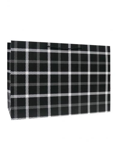 Большие бумажные горизонтальные подарочные пакеты-сумки чёрного цвета с рисунком, серия "Чёрно-белая клеточка", размер 54*37*20 см.
