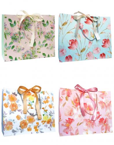Горизонтальные бумажные подарочные пакеты из плотной матовой бумаги с рисунком и лентами, серия "Полевые цветы", размер 32*26*11 см.
