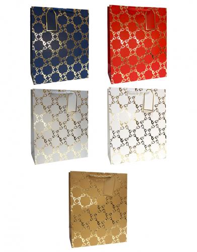 Бумажные подарочные пакеты с золотым тиснением, серия "Ажурные цепочки", размер 26*32*12 см.