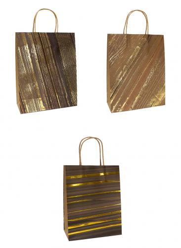 Подарочные крафтовые пакеты-сумки с бумажной ручкой, серия "Золотые полосы", размер 12*17*7 см.