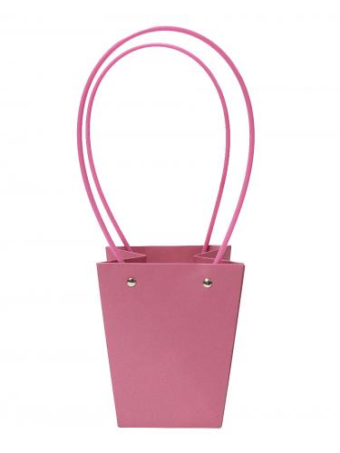 Бумажный пакет-трапеция розово-малинового цвета с цветными ручками для букетов, размер 8*8см (12*12см) х высота 12,5см