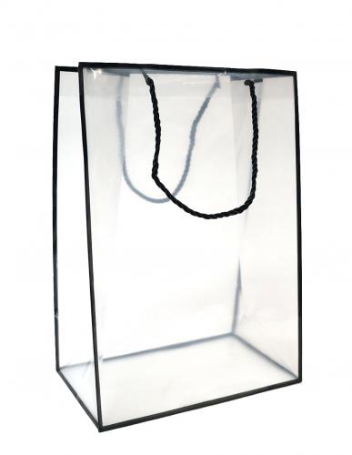 Прозрачные подарочные пакеты с ручками и полоской чёрного цвета, серия "Прозрачные", размер 24,5*35*15 см.