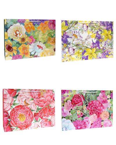 Бумажные подарочные горизонтальные пакеты с перламутровыми блёстками, серия "Цветочный орнамент", размер 50*40*15 см.