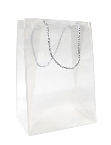Прозрачные подарочные пакеты с ручками и полоской белого цвета, серия "Прозрачные", размер 24,5*35*15 см.