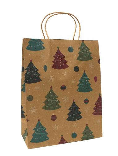 Новогодние подарочные пакеты-сумки с бумажной ручкой, рисунок Цветные ёлочки, размер 12*17*7 см.
