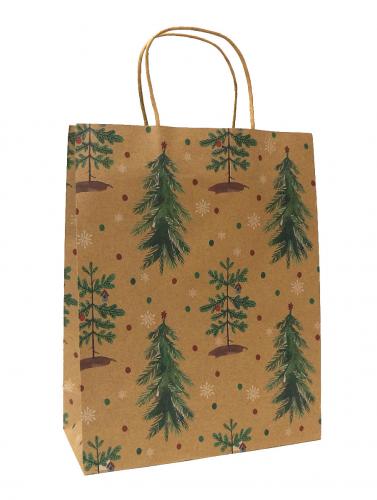 Новогодние подарочные пакеты-сумки с бумажной ручкой, рисунок Зелёные ёлочки, размер 12*17*7 см.