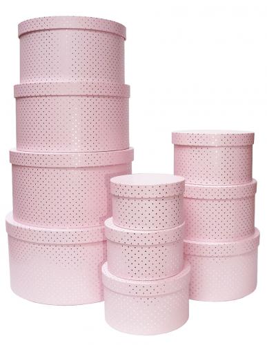 Набор из десяти круглых подарочных коробок светло-розового цвета, отделка матовой бумагой с тиснением серебряными точками, размер d34*h18 см.