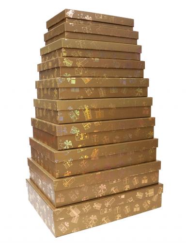 Набор из десяти плоских прямоугольных подарочных коробок бронзового цвета, отделка матовой бумагой с тиснением "Подарки", размер 46*36,5*10 см.