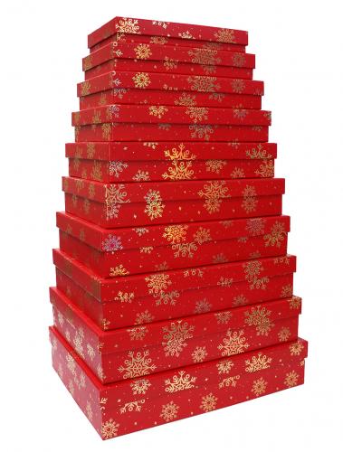 Набор из десяти плоских новогодних прямоугольных подарочных коробок красного цвета, отделка матовой бумагой с тиснением "Снежинки", размер 46*36,5*10 см.