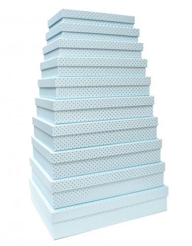 Набор из десяти плоских прямоугольных подарочных коробок голубого цвета, отделка матовой бумагой с тиснением серебряными точками, размер 46*36,5*10 см.