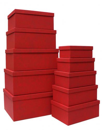 Набор из десяти прямоугольных красных подарочных коробок, отделка фактурной дизайнерской бумагой, размер 37*28*17 см.