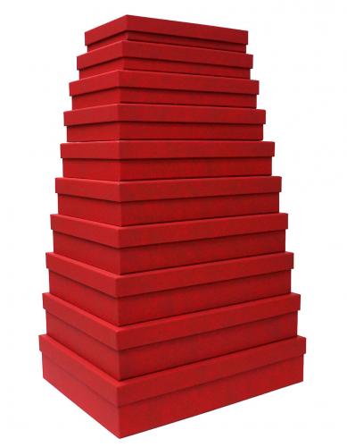 Набор из десяти плоских прямоугольных красных подарочных коробок, отделка фактурной дизайнерской бумагой, размер 46*36,5*10 см.