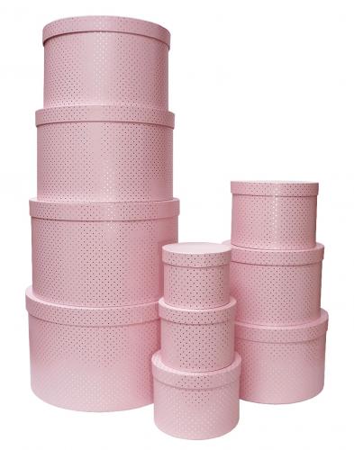 Набор из десяти круглых подарочных коробок ГИГАНТ светло-розового цвета, отделка матовой бумагой с тиснением серебряными точками, размер d41*h25 см.