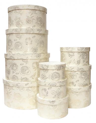 Набор из десяти круглых подарочных коробок молочного цвета, отделка матовой бумагой с тиснением "Розы", размер d34*h18 см.