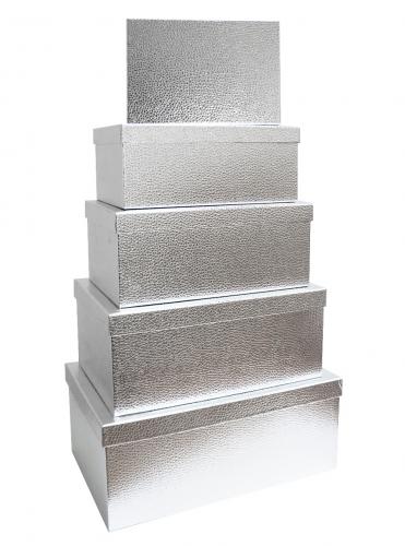 Набор из пяти больших блестящих прямоугольных подарочных серебряных коробок, размер 52*34*22 см.
