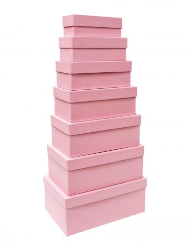 Набор из семи прямоугольных подарочных коробок розового цвета, отделка матовой однотонной бумагой, размер 28*18*11,5 см.