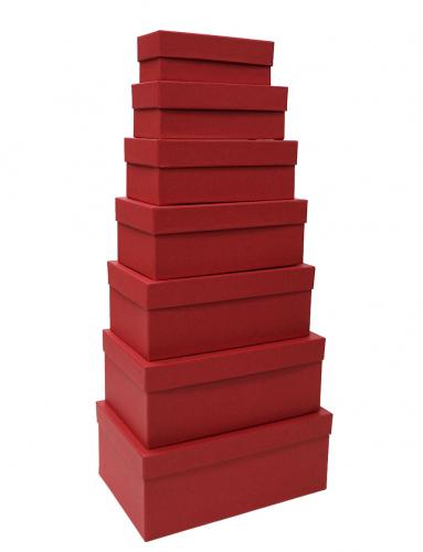 Набор из семи прямоугольных подарочных коробок тёмно-красного цвета, отделка матовой однотонной бумагой, размер 28*18*11,5 см.
