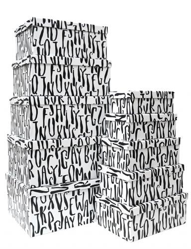 Набор из десяти прямоугольных подарочных коробок, отделка матовой бумагой с рисунком "Алфавит" на белом фоне, размер 37*28*17 см.