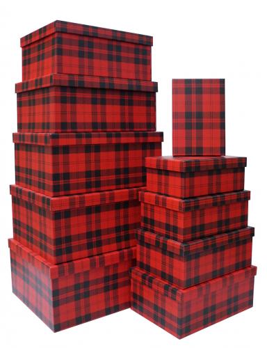 Набор из десяти прямоугольных подарочных коробок, отделка матовой бумагой с рисунком "Красно-чёрный тартан", размер 37*28*17 см.