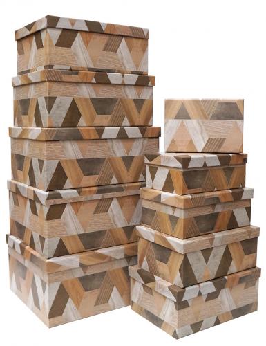 Набор из десяти прямоугольных подарочных коробок, отделка матовой бумагой с рисунком "Деревянный узор", размер 37*28*17 см.