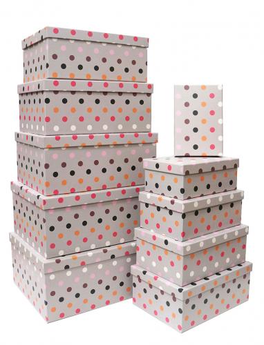 Набор из десяти прямоугольных подарочных коробок, отделка матовой бумагой с рисунком "Цветной горошек", размер 37*28*17 см.