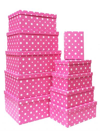 Набор из десяти прямоугольных подарочных коробок, отделка матовой бумагой с рисунком "Горошины на розовом фоне", размер 37*28*17 см.