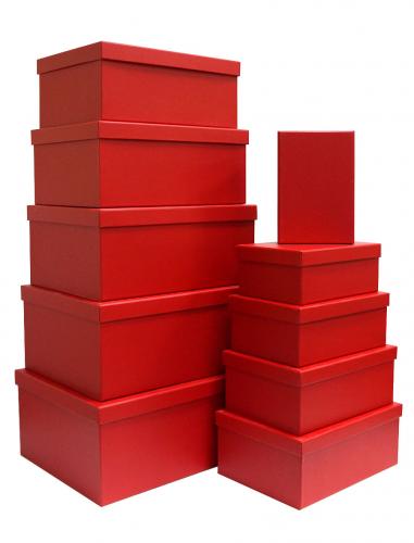 Набор из десяти однотонных прямоугольных подарочных коробок, отделка матовой бумагой красного цвета, размер 37*28*17 см.