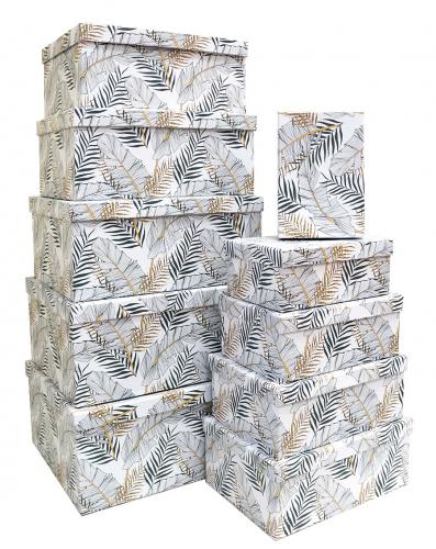 Набор из десяти прямоугольных подарочных коробок, отделка матовой бумагой с рисунком "Листья на белом фоне", размер 37*28*17 см.