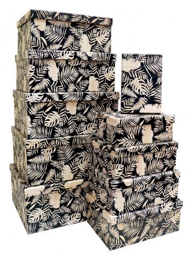 Набор из десяти прямоугольных подарочных коробок, отделка матовой бумагой с рисунком "Листья на чёрном фоне", размер 37*28*17 см.