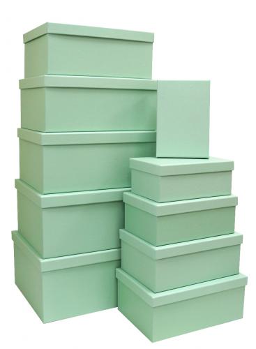 Набор из десяти однотонных прямоугольных подарочных коробок, отделка матовой бумагой мятного цвета, размер 37*28*17 см.