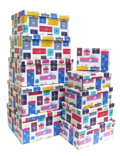 Набор из десяти прямоугольных подарочных коробок, отделка матовой бумагой с рисунком "Подарки", размер 37*28*17 см.