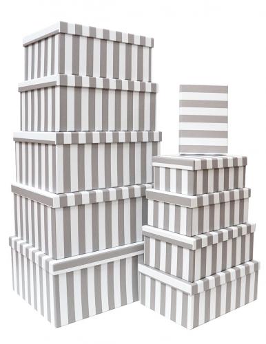 Набор из десяти прямоугольных подарочных коробок, отделка матовой бумагой с рисунком "Серые полосы", размер 37*28*17 см.