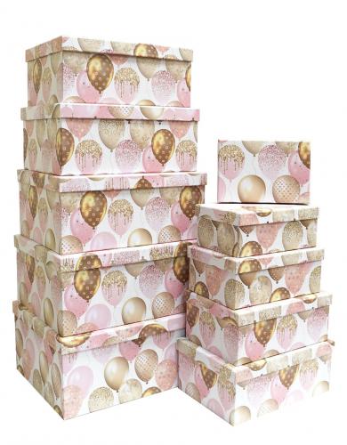 Набор из десяти прямоугольных подарочных коробок, отделка матовой бумагой с рисунком "Воздушные шары на белом фоне", размер 37*28*17 см.