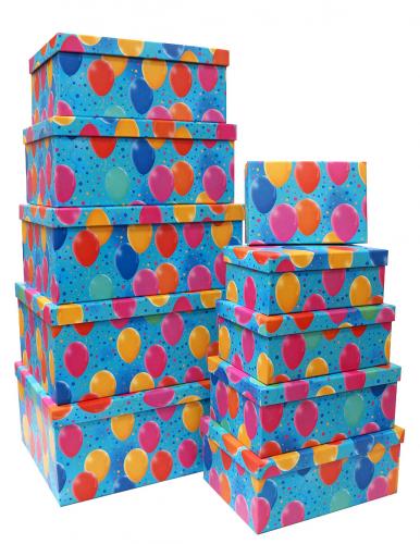 Набор из десяти прямоугольных подарочных коробок, отделка матовой бумагой с рисунком "Воздушные шарики", размер 37*28*17 см.