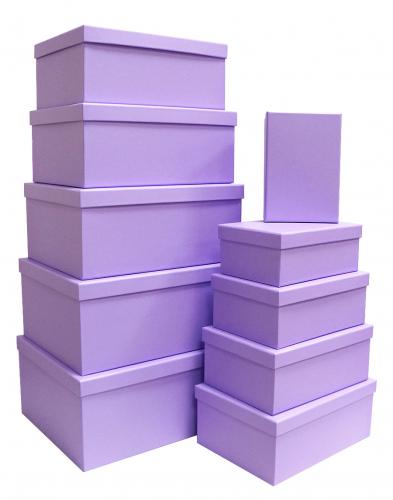 Набор из десяти однотонных прямоугольных подарочных коробок, отделка матовой бумагой сиреневого цвета, размер 37*28*17 см.