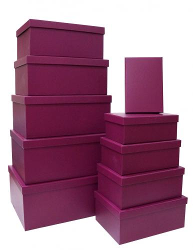 Набор из десяти однотонных прямоугольных подарочных коробок, отделка матовой бумагой сливового цвета, размер 37*28*17 см.