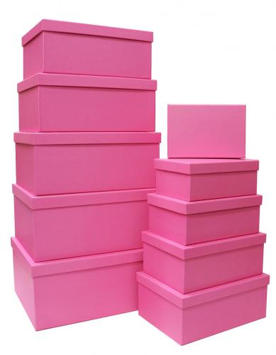 Набор из десяти однотонных прямоугольных подарочных коробок, отделка матовой бумагой ярко-розового цвета, размер 37*28*17 см.