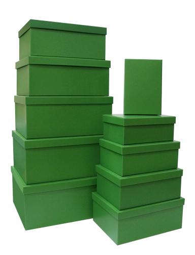 Набор из десяти однотонных прямоугольных подарочных коробок, отделка матовой бумагой зелёного цвета, размер 37*28*17 см.