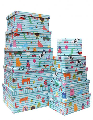 Набор из десяти прямоугольных подарочных коробок, отделка матовой бумагой с рисунком "Зверюшки", размер 37*28*17 см.