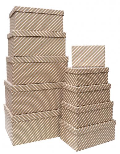 Набор из десяти прямоугольных подарочных коробок, отделка матовой бумагой с рисунком "Белые полосы", размер 35*26*16,5 см.