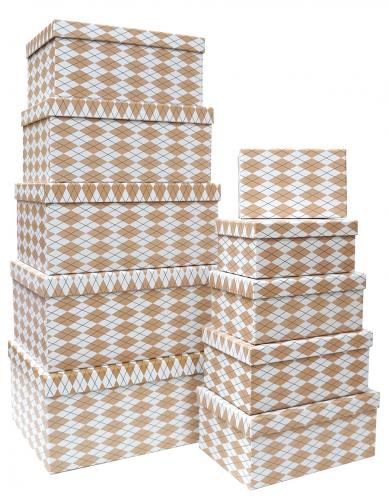 Набор из десяти прямоугольных подарочных коробок, отделка матовой бумагой с рисунком "Белые ромбы", размер 35*26*16,5 см.