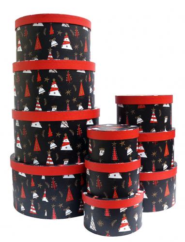 Набор из десяти новогодних круглых подарочных коробок, отделка матовой бумагой с рисунком "Красные ёлочки на чёрном фоне", размер d34*h18 см