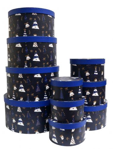 Набор из десяти новогодних круглых подарочных коробок, отделка матовой бумагой с рисунком "Синие ёлочки", размер d34*h18 см.