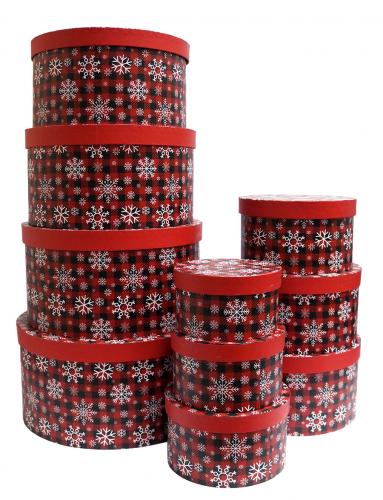 Набор из десяти новогодних круглых подарочных коробок, отделка матовой бумагой с рисунком "Снежинки и клеточка", размер d34*h18 см
