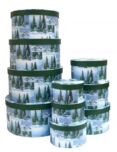 Набор из десяти новогодних круглых подарочных коробок, отделка матовой бумагой с рисунком "Зелёные ёлочки", размер d34*h18 см